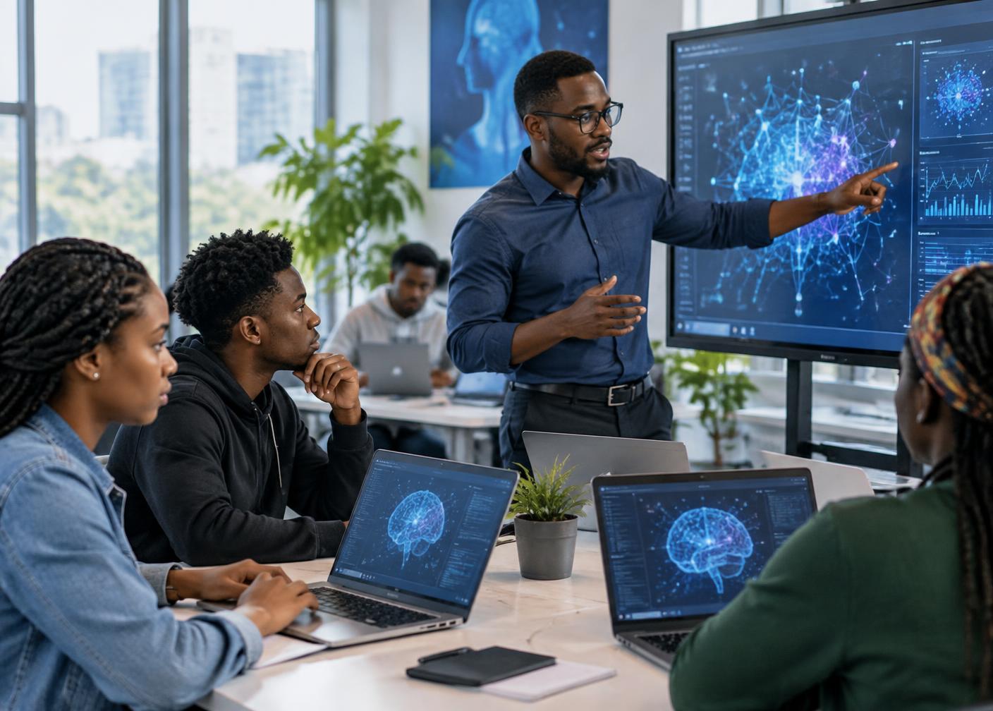 Instructor and learners exploring AI visualisations — illustrative scene