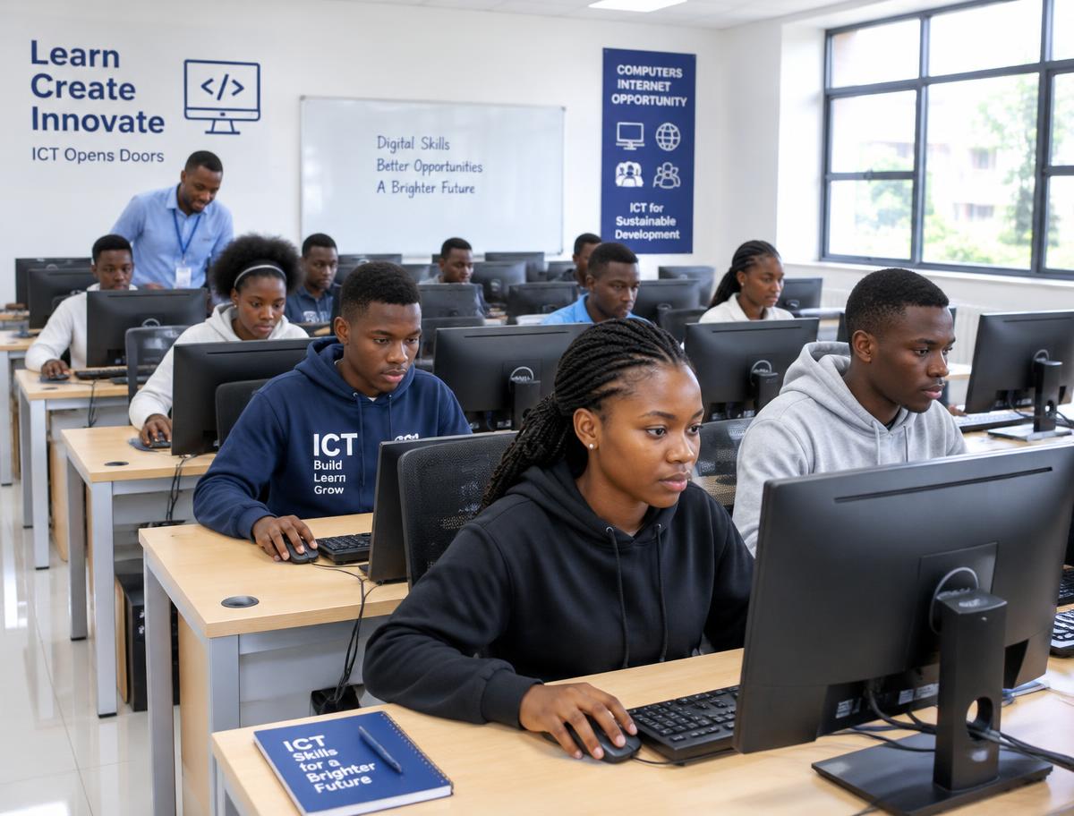 Learners working at computers in an illustrative ICT classroom