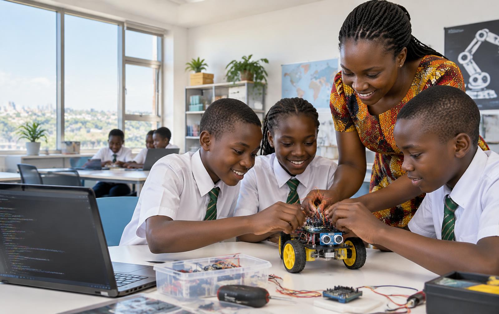 Children collaborating with an instructor to build a robot car