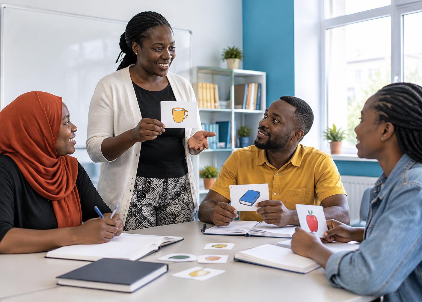 Adult learners practising conversation — illustrative language classroom