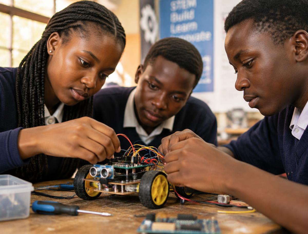 Students assembling a small robot